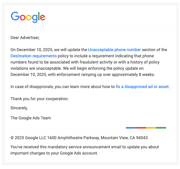 Google Ads Alert: New Phone Number Policy Update