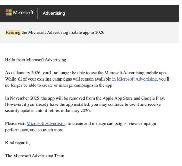 Microsoft to retire its Advertising mobile app in early 2026
